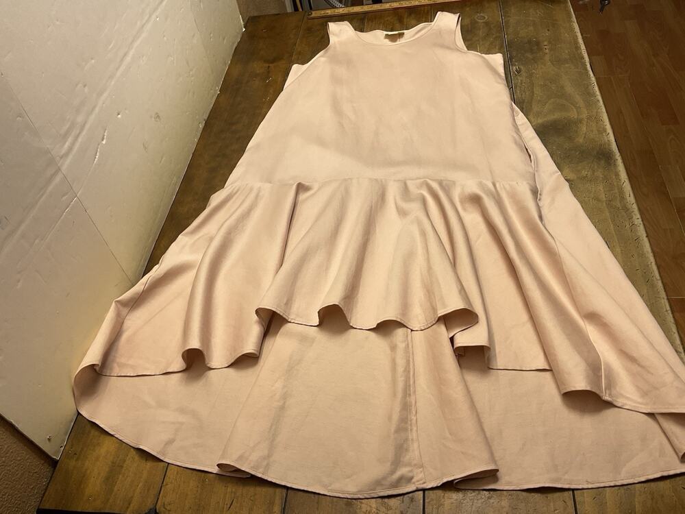 Anthropologie Maeve Camelia Dropwaist Dress L Pink Rose Cotton Linen Pockets